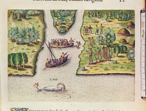 法国发现五月河，来自&39;Brevis Narratio ..&39;，由Theodore de Bry（1528-98）刻在法兰克福，1591年